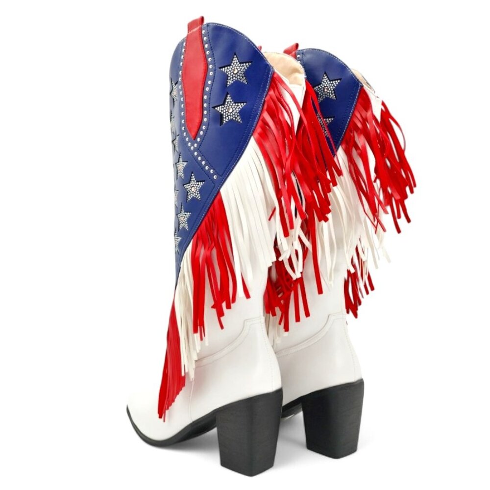 American Flag Size 11 Rhinestone Stars Fringe Knee High Block Heel Western Boot - Picture 10 of 16